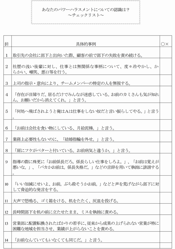 あなたのパワーハラスメントについての認識は？～チェックリスト～